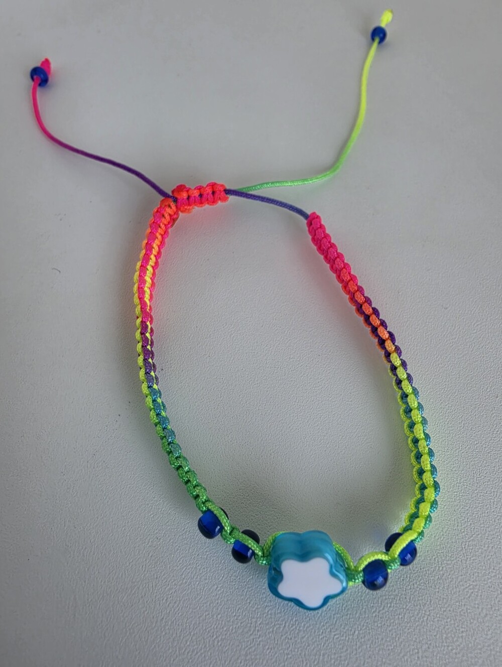 Handmade Rainbow Macrame Flower Bracelet Adjustable Blue Beads Boho